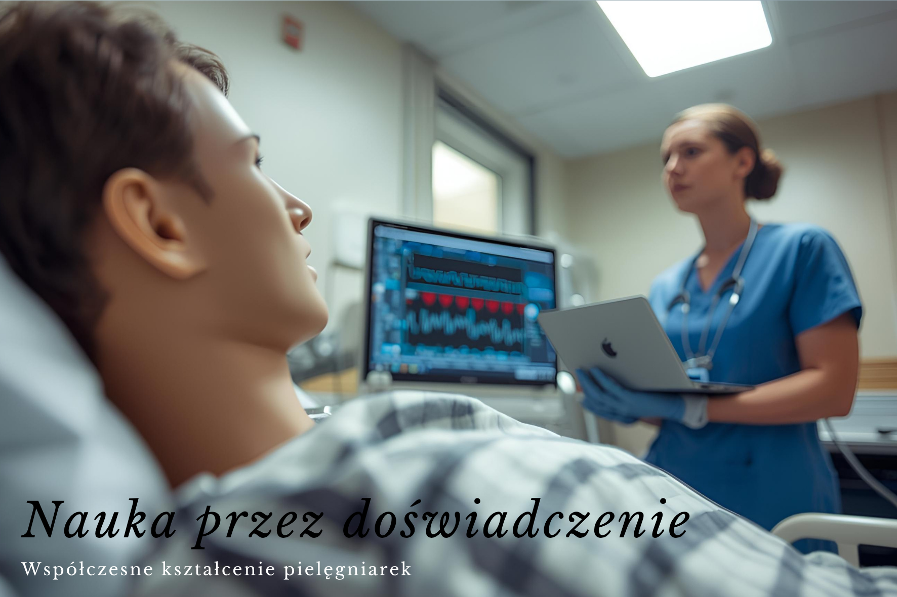 Zdjęcie przedstawia scenę ze szkolenia w warunkach symulacyjnych. Na pierwszym planie widać leżącego na łóżku manekina symulacyjnego (trenażer), który odgrywa rolę pacjenta. W tle, po prawej stronie, stoi kobieta w niebieskim stroju medycznym i niebieskich rękawiczkach. Trzyma otwartego, srebrnego laptopa i patrzy na ekran monitora medycznego, który wyświetla wykresy, prawdopodobnie EKG lub inne parametry życiowe manekina. W dolnej części zdjęcia znajduje się napis: Nauka przez doświadczenie - współczesne kształcenie pielęgniarek.